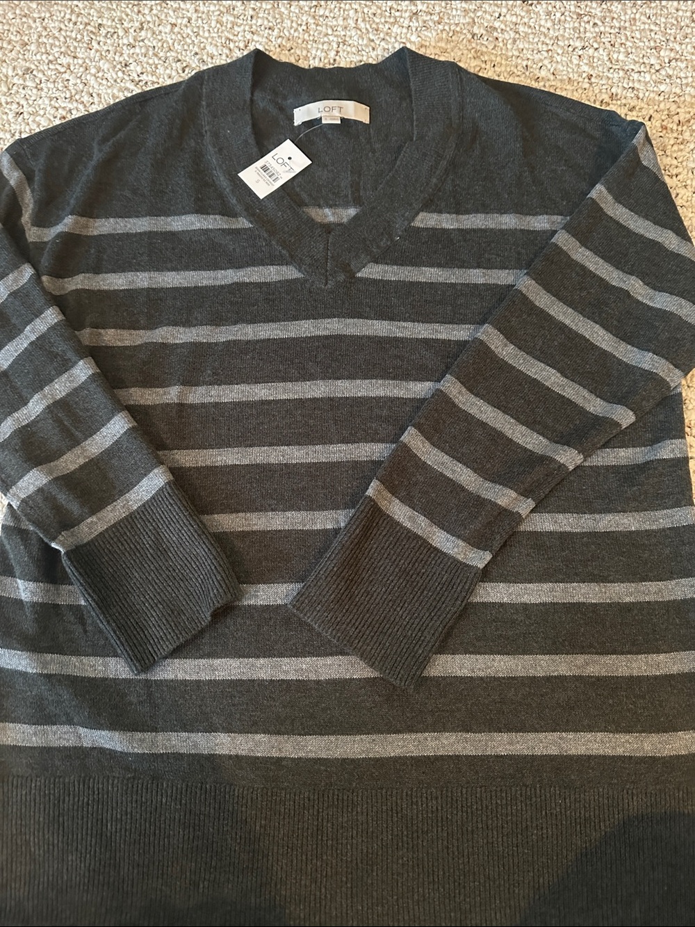 LOFT Charcoal and Light Gray Striped V-Neck Sweater